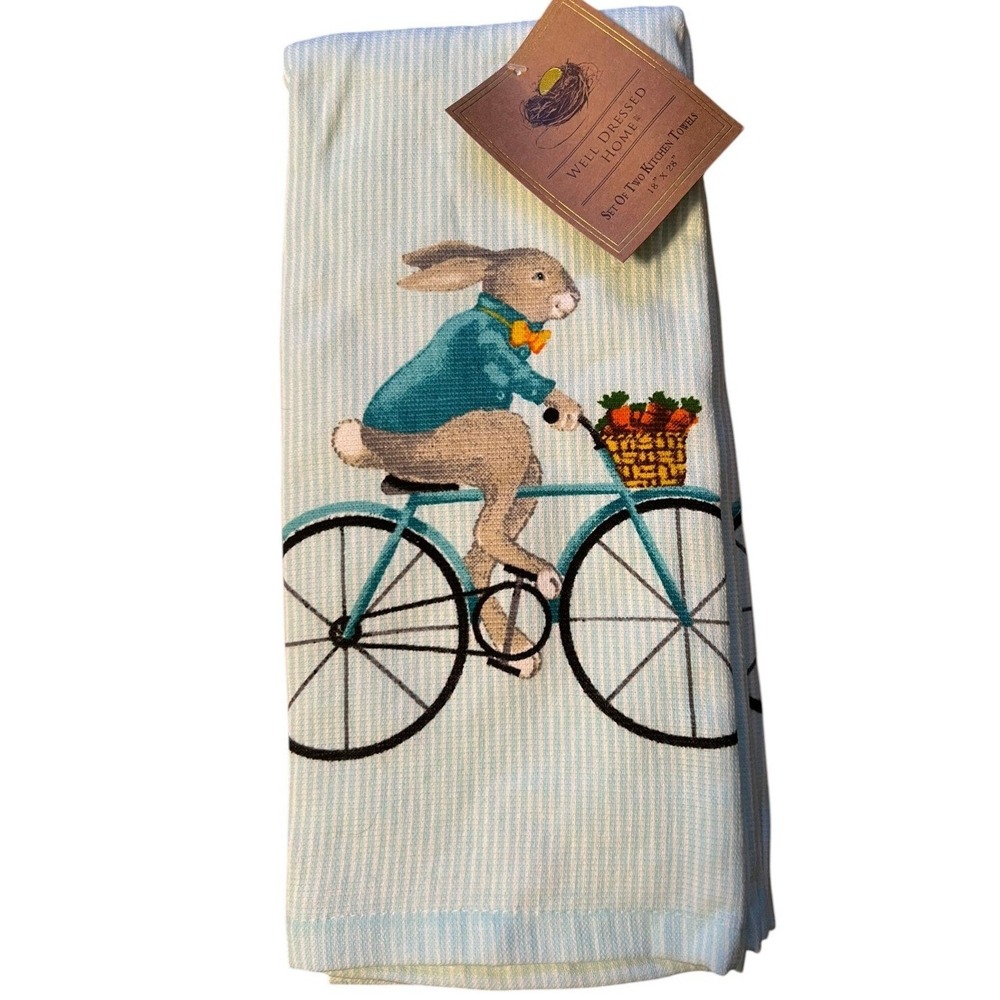 Well Dressed Home Kitchen Towels 2pk Blue White Bunny Bicycle 18x28 New NWT
